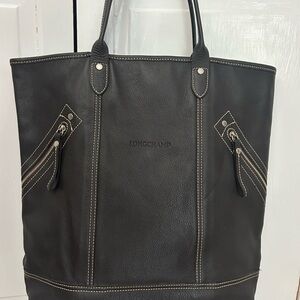 Longchamp soft leather vintage Black Tote with Contrast Stitching